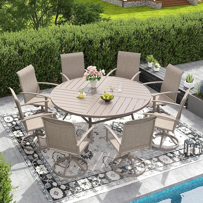 DIFY 9 Pieces Outdoor Dining Set, Metal Patio Table and Chairs Set for 8 with Umbrella Hole, 59.8" Round Outdoor Table and Textilene Swivel Patio Chairs for Garden, Backyard, Poolside, Sandshell