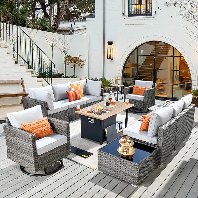 11 Piece Outdoor Patio Furniture Set with 46" Fire Pit Table, Wicker Sectional Conversation Set Whit Swivel Chairs,Modern Outside Sofa for Balcony Backyard(Gray)