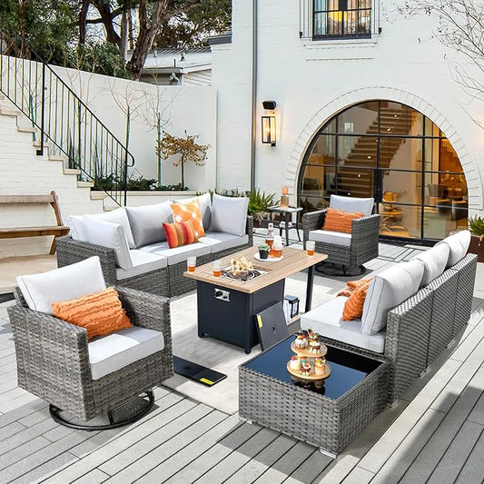 11 Piece Outdoor Patio Furniture Set with 46" Fire Pit Table, Wicker Sectional Conversation Set Whit Swivel Chairs,Modern Outside Sofa for Balcony Backyard(Gray)