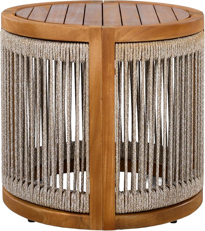 GDFStudio 16.9" Acacia Wood Outdoor Side Table, Patio Accent Table with Handwoven Rope Details, Slatted Design, Boho Minimalist Style, Durable Small Coffee Table for Balcony, Garden, Porch