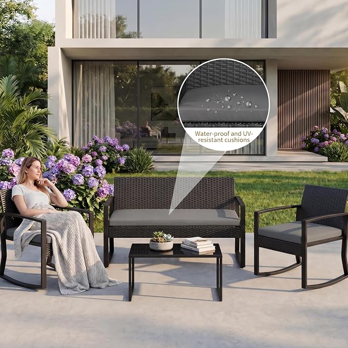 Garvee 4 Piece Patio Furniture Set, PE Rattan Outdoor Rocking Chair Conversation Set with Coffee Table, Outdoor Wicker Patio Table and Chairs Set for Patio, Porch, Backyard, Grey