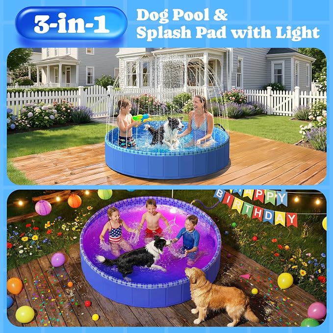 Foldable Kiddie Pool with Sprinkler RGB LED Light, 87" Collapsible Hard Plastic Dog Swimming Splash Pool for Small Medium Large Doggie Kitty Puppy, Pet Bathing Tub Wading Pool for Dogs Blue