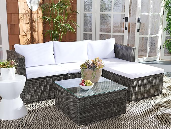 SAFAVIEH Outdoor Collection Madalina Grey Brown/White Wicker Conversation Patio Set