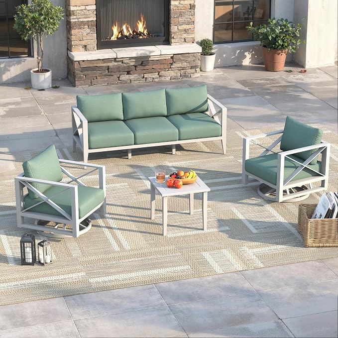 Aluminum Outdoor Patio Furniture Set with Swivel Chairs, 6-Piece Patio Conversation Sets with 5.2" Thick Cushions for Backyard,(White,5 Seats)