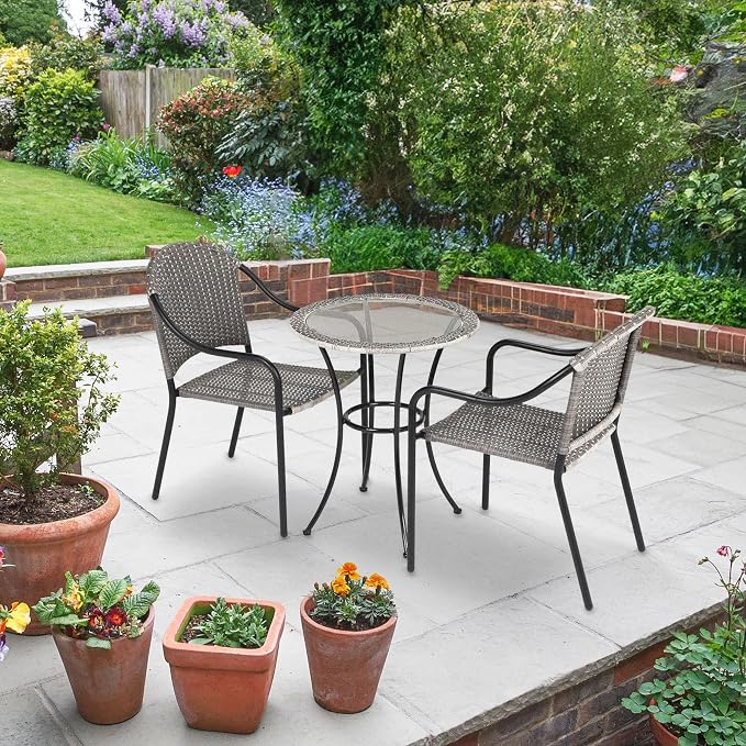 Four Seasons Courtyard 24 Inch Round Marbella Wicker Bistro Patio Table Portable Outdoor Backyard Deck Furniture with Glass Tabletop, Gray/Black