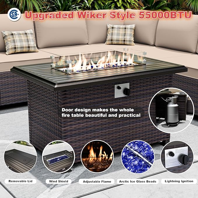 10 Pieces Patio Furniture Set with 2 Swivel Chairs Patio Furniture Outdoor Sectional Sofas with 55000 Gas Fire Pit Patio Conversation Set w/7 Cushions-Brown
