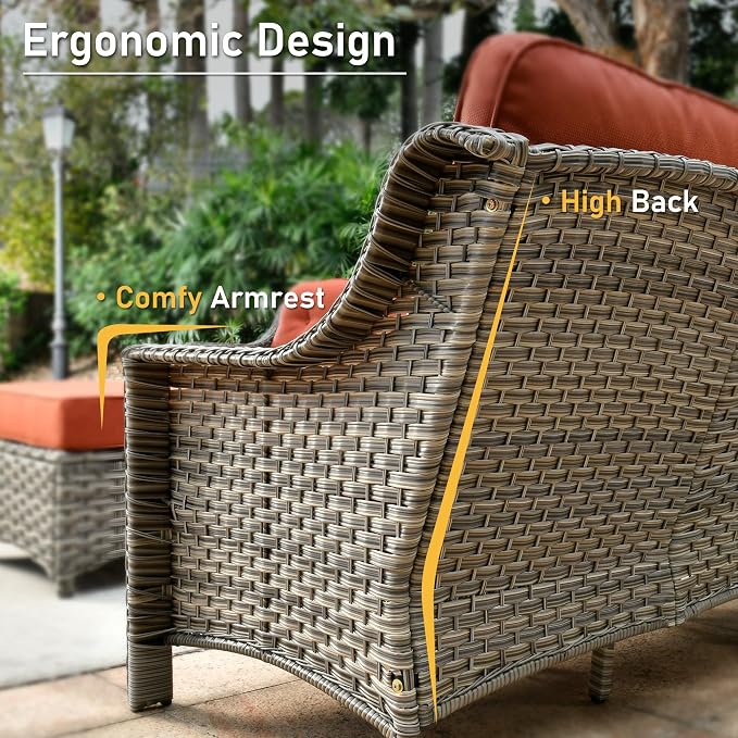 HOOOWOOO 6 Piece Patio Furniture Conversation Sets with Sola Light Table,Outdoor Wicker Furniture with Ottoman, All Weather Resistant Outside High Back Rattan Patio Set(Red)