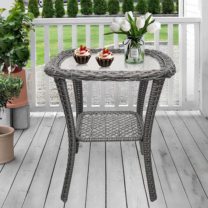 Wicker Side Table Outdoor, Patio Rattan Side Table with Glass Top and Storage Shelf, 23’’Tall Wicker Coffee Table for Yard, Deck, Garden