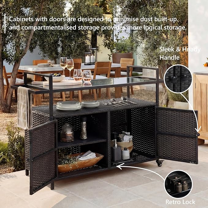 51.2" Wicker Outdoor Bar Cart - Black Patio Console Storage Table Buffet Cabinet Serving Kitchen Cart with Wheels for Outside Backyard