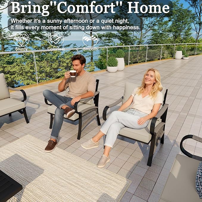 5 Pieces Patio Conversation Sets, All Weather Metal Outdoor Furniture Set with Sectional Sofa Loveseat Couch for Backyard Garden Deck Porch Poolside (Beige Cushions)