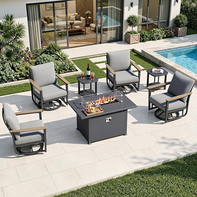 7Pcs Aluminum Patio Rocking Swivel Chair with 55,000 BTU Fire Pit Table Outdoor Bistro Set with Coffee Table, Patio Furniture Set with High Backrest & Thickened Cushions, Grey