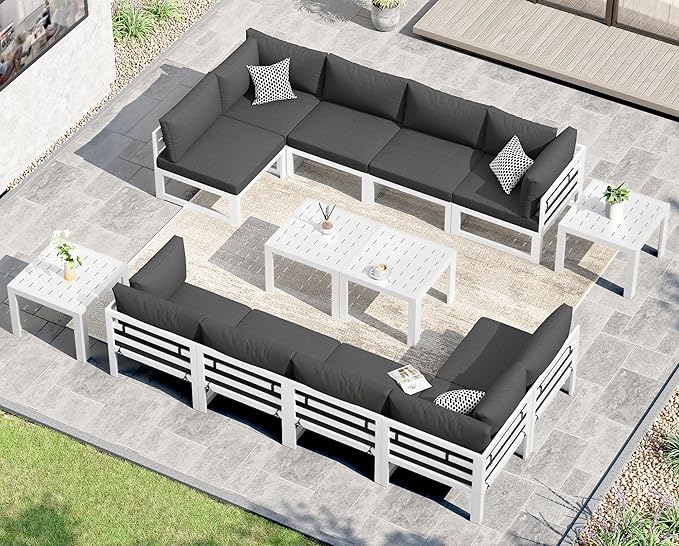 NICESOUL 10 Person Modern Aluminum Outdoor Patio Furniture Set with Side Table, 29" Wide Deep Seating, L Shaped Modular Sectional Couch, Oversized Conversation Set for Garden, Dark Gray