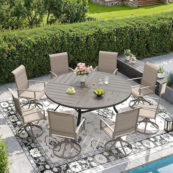 DIFY 9 Piece Outdoor Dining Set, Metal Patio Table and Chairs Set, 59.8" Grey Wood-Like Round Dining Table & 8 Sandshell Padded Textilene Swivel Patio Chairs, Outdoor Furniture Set for Garden Backyard