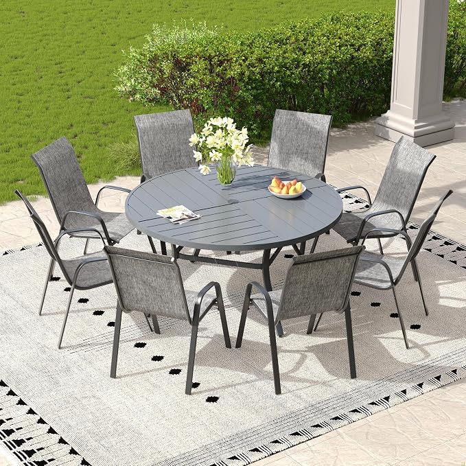 9 Pieces Outdoor Dining Set, 53.1" Spliced Patio Table with Umbrella Hole & Stackable Outdoor Dining Chairs, Patio Furniture Set for Deck Garden Porch, Grey Chairs & Dark Grey Table
