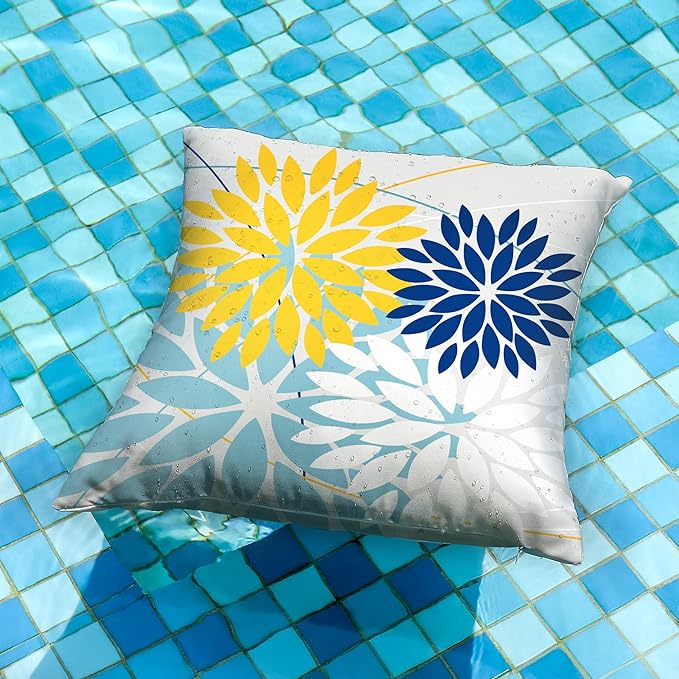 DFXSZ Outdoor Throw Pillow Covers 16x16 Inch Set of 2 Waterproof Spring Summer Geometric Elegant Yellow Blue Outdoor Pillow Covers for Patio Funiture Garden Couch 158W16