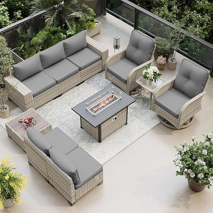 10-Piece Outdoor Patio Furniture Set with Rocking Swivel Chair, PE Wicker Rattan Sectional Sofa Patio Conversation Set with 55,000 BTU Fire Pit Table & Coffee Table, Grey