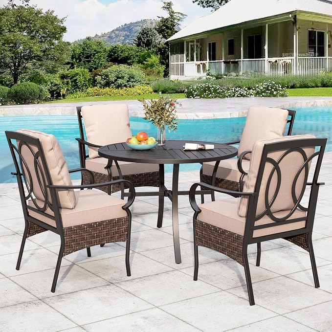 Sophia & Willliam Oversized Outdoor Dining Set 5 Piece Metal Patio Table and Chairs Set with 4 Large Padded Patio Dining Chairs & 42" Round Dining Table, Deck,Lawn,Kitchen Furniture