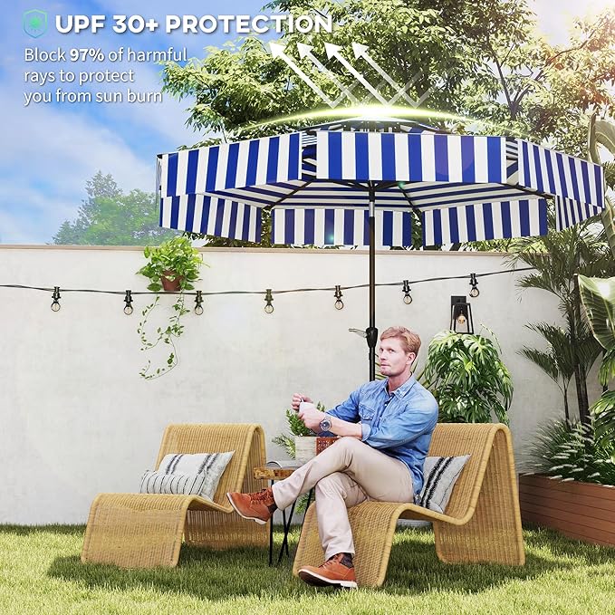 Outsunny 8.6FT Patio Umbrella, UPF 30+ Outdoor Market Umbrella, 2-Tier Vented Patio Table Umbrella with Crank 8 Ribs, Tiltable Porch Umbrella for Garden Deck Poolside, Navy Blue
