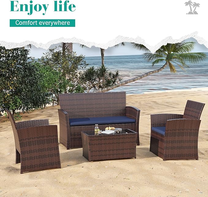 4 Piece Outdoor Patio Furniture Set, All-Weather Wicker Conversation Sets Include Coffee Table, Armchair, Loveseat, Sectional Furniture for Indoor Outdoor Backyard Pool Garden (Brown & Blue)