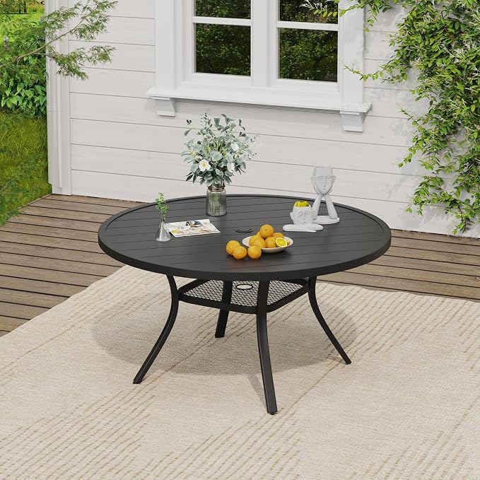VICLLAX Round Patio Dining Set for 6, Metal Slatted Patio Table with Umbrella Hole and Stackable Patio Chairs for Deck Lawn Garden, Brown Fabric and Black Tabletop