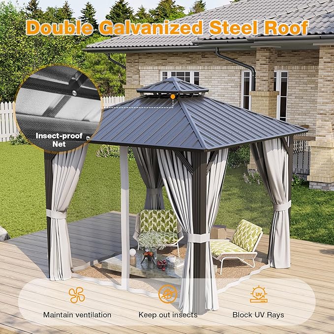 10x10FT Hardtop Gazebo, Metal Frame with Double Galvanized Steel Roof, Permanent Outdoor Pergola with Curtains and Netting Included for Backyard, Patio, Lawn and Garden, Gray