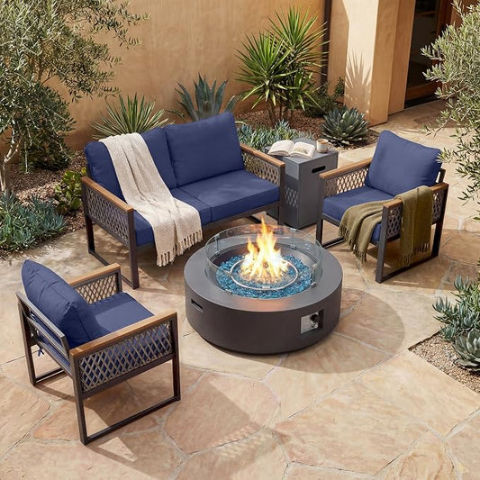 UPHA 6 Pieces Patio Furniture Set with 42" Propane Gas Fire Pit Table, Metal Outdoor Sectional Couch Set with Loveseat Sofa, Modern Patio Conversation Set for Porch Balcony Deck, 4 Seats, Navy Blue
