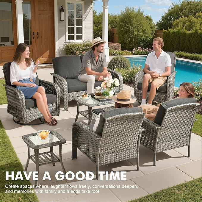 Weaxty 7 Pieces Patio Furniture Set,Wicker Outdoor Swivel Rocking Chairs,Rattan Loveseat Couch,Coffee Table,Patio Sofa Conversation Sets for Deck Backyard Porch Poolside, Black