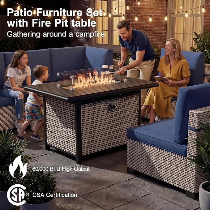 Patio Furniture Set, 15-Piece Outdoor Sectional Sofa with 60,000 BTU Fire Pit Table & 2-Layer Glass Coffee Table, Wicker Patio Conversation Set with Blue Cushions