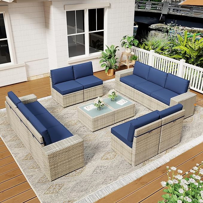 12 Piece Patio Furniture Set, 8" Wide Arm Sectional Sofa Set with Coffee Table, High-Back All-Weather Rattan Outdoor Conversation Set for Garden, Porch, Lawn, Blue