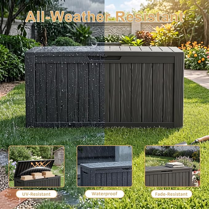 Outdoor Storage Box, 90 Gallon Resin Deck Box, Indoor Outdoor Waterproof Storage Bins With Wheels for Patio Cushions, Gardening Tools, Lockable, Black