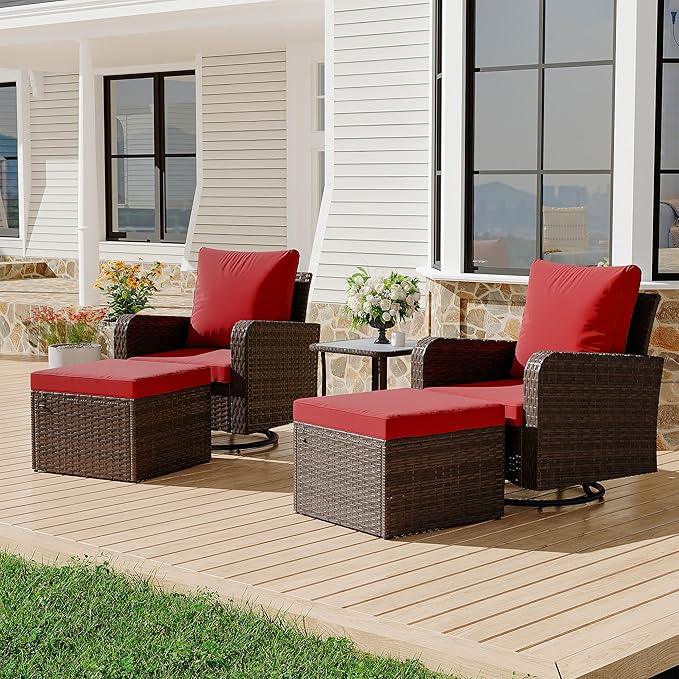HOMREST 5 Piece Outdoor Patio Furniture Set-Wicker Swivel Chairs Set of 2 w/ 2 Ottoman, Coffee Table & Cushions Small Patio Furniture Set for Garden, Balcony (Wine Red)