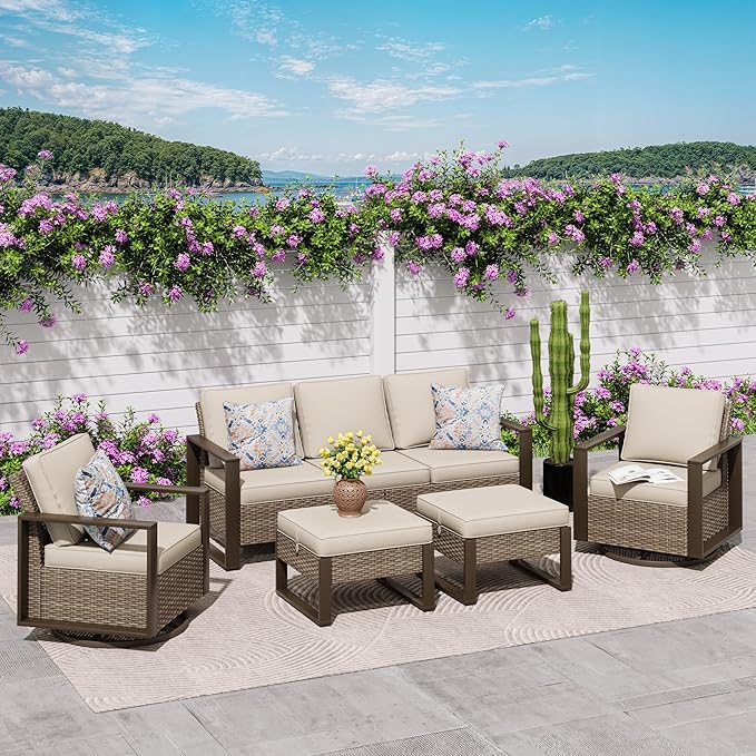 5 Pieces Metal Wicker Patio Furniture Set with 75" Sofa, Two Swivel Chairs and Two Ottomans, All Weather Rattan Outdoor Conversation Furniture with Washable Cushions for Porch, Beige
