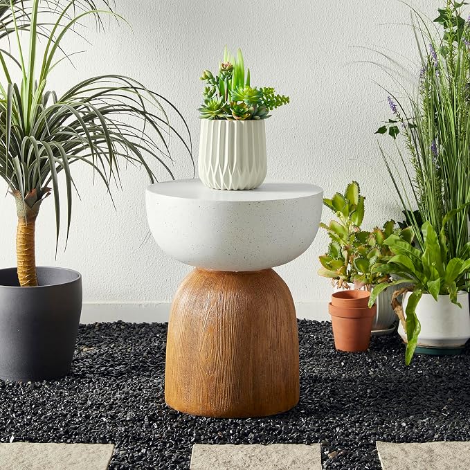 Glitzhome Outdoor Side Table Set of 2, 17.75" H Decorative Garden Stool MGO Geometric Wood Texture End Table, Round Planter Stand for Indoor Outdoor Living Room Bedroom Patio Deck Poolside
