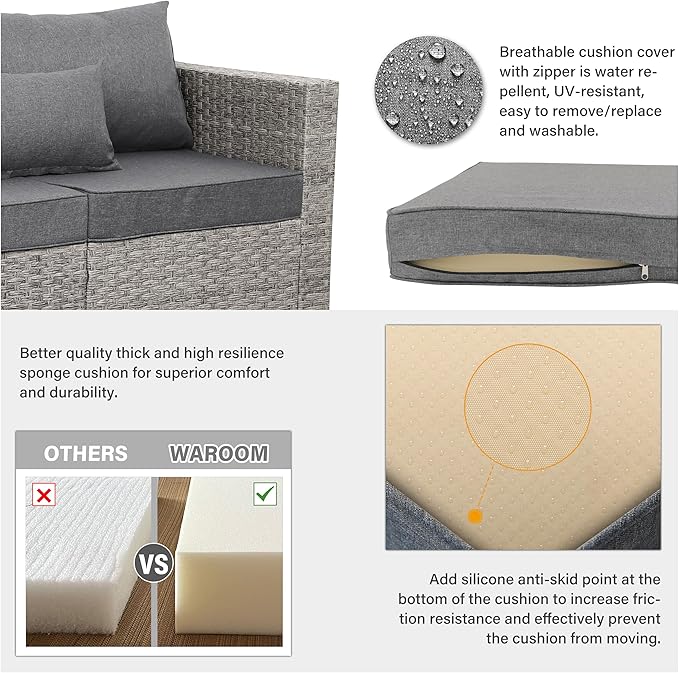 WAROOM Patio Furniture Set 6 Piece PE Rattan Outdoor Conversation Sets Grey Wicker Couch Sectional Sofa with 30" Fire Pit Table and Grey Cushion