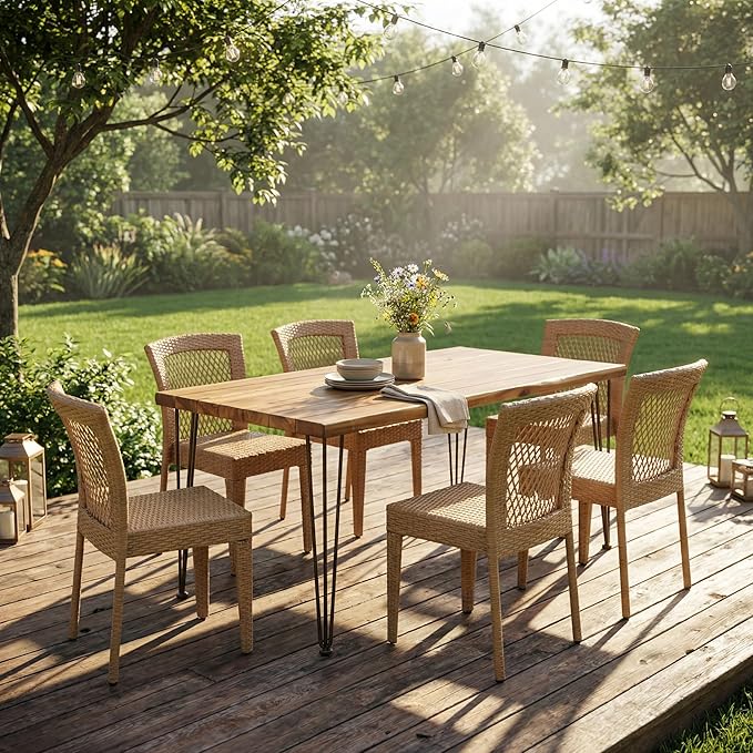 Christopher Knight Home Fandy Metal Frame Patio Dining Set for 6, Outdoor Dining Table Set for 6, Dinner Table with Acacia Wood Top, Stackable Dining Chairs with Wrapped Wicker, Light Brown + Teak