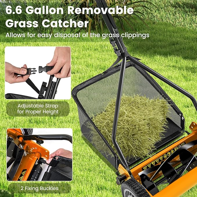 IRONMAX Lawn Mower, 14 Inch Push Reel Lawn Mower with 5 Steel Blades, Adjustable Cutting Heights, Grass Catcher Bag, Walk-Behind Manual Lawnmower for Garden Park Yard, No Motor (Orange, 14 Inch)
