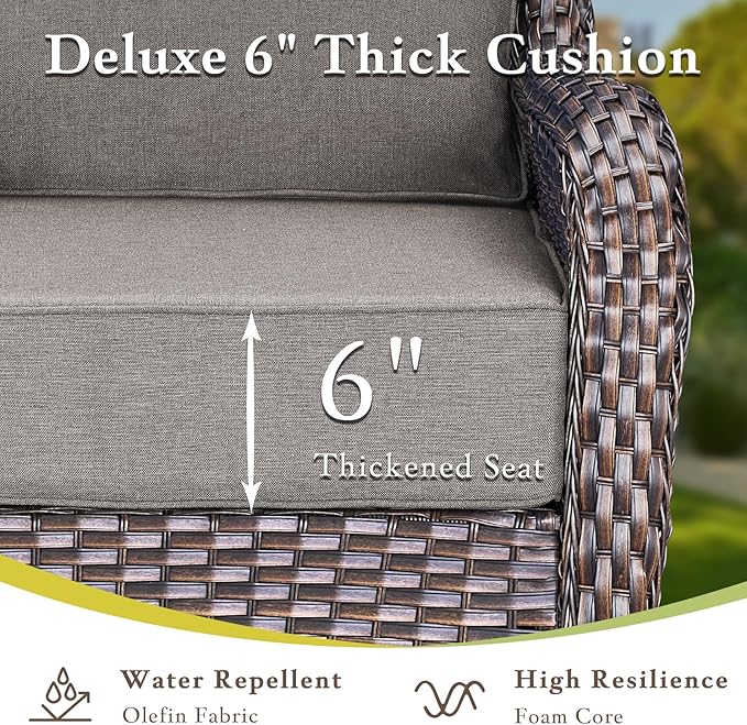 Luxury High Back Outdoor Furniture with 6-inch Extra Thick Cushions, Patio Furniture Set with Swivel Chairs, 4 PCS Wicker Patio Set for Yard, Deck, Poolside, Brown/Grey