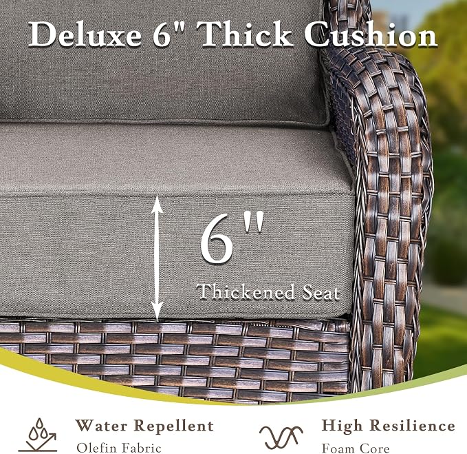 Luxury High Back Outdoor Furniture with 6-inch Extra Thick Cushions, Patio Furniture Set with Fire Pit Table & Swivel Chairs, 4 PCS Wicker Conversation Set for Yard, Deck, Poolside, Brown/Grey