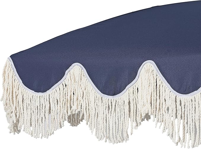 JONATHAN Y Mariner 6.5 ft. Beach Umbrella, Navy Solid with Fringe, Push-Button Tilt, UPF 50+ Sun Protection and Carrying Bag for Patio and Pool, Dark Brown Wood-Finish Pole UMB1005I