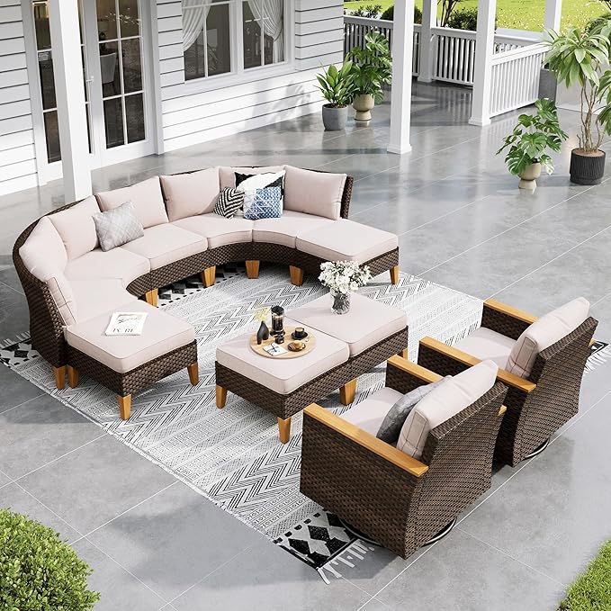 Sophia & William Half Moon Outdoor Sectional Furniture with High Back Swivel Rocker Chairs and Curved Sofa, 11PCS Wicker Patio Conversation Set for Deck Yard and Poolside, Beige