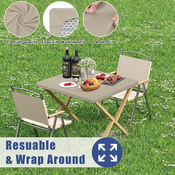 Moosfor Spandex Picnic Table Cloth 2 Pack, Elastic Fitted Tablecloths for Square Tables, Stretch Washable Patio Table Cover for Outdoor, Camping, Banquet and Parties (Taupe, 34"x34")
