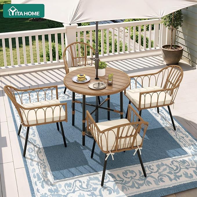 YITAHOME Outdoor Patio Dining Table Round for 4 with 2.2" Umbrella Hole&Adjustable Levelers 35.4" Bistro Table with Metal Frame All-Weather Outdoor Tables for Lawn Backyard Garden