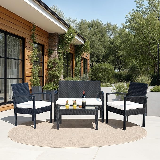 Safavieh PAT7507A Collection Bassey Black and Beige 4-Piece Outdoor Living Patio Set