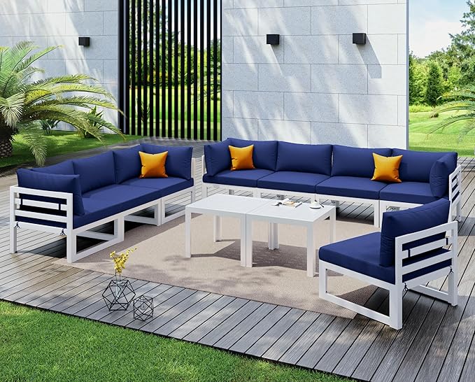 NICESOUL 8 Seat Large Modern Aluminum Outdoor Sofa, 29" Deep Wide Seated, 500 lbs Durable L Shaped Sectional Set for Heavy People, UV Resistant Modular Patio Furniture Set for Backyard Lawn, Navy Blue