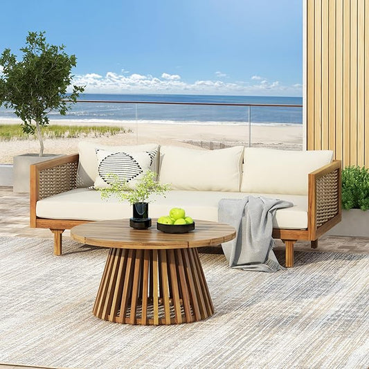 Christopher Knight Home Charm Patio Conversation Set, 3 Seater Acacia Wood Sofa, Spacious Seating Wicker Armrest Chair, Wood Coffee Table, Round Side Table, Outdoor Furniture for Backyard, Beige