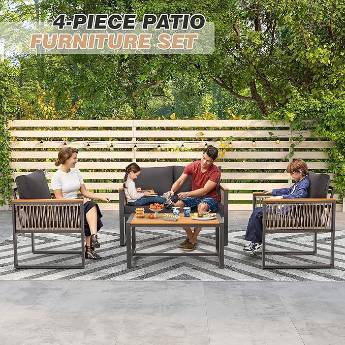EROMMY 4 Pieces Outdoor Patio Furniture Set with Solid Wood Handrails, Plastic-Wood Balcony Furniture with Wicker Arm Panel, All-Weather Metal Patio Conversation Sets with Coffee Table and Cushion
