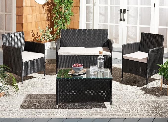 SAFAVIEH Outdoor Collection Bandele Black/Light Grey Cushion 4-Piece Conversation Patio Set