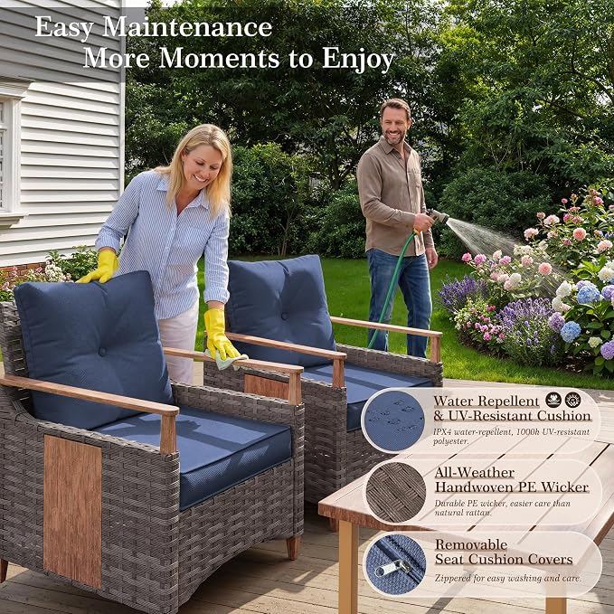 NestNook 6 Pieces Patio Furniture Set, Outdoor Conversation Set with All-Weather Handwoven PE Wicker Sofa, Rattan Chairs and Thick Cushion, Coffee Table & Ottoman for Backyard, Deck & Poolside, Blue