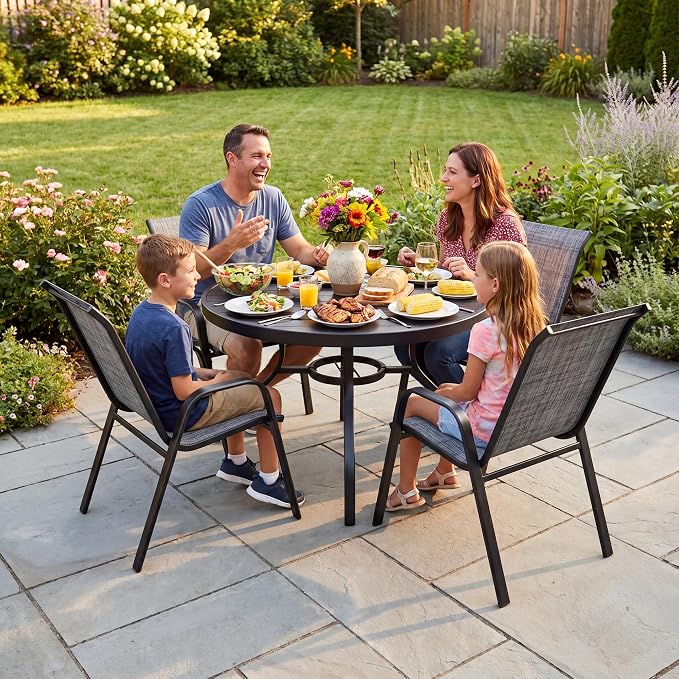 47” Round Outdoor Dining Table for 6,Metal Patio Dining Table with Adjustable Umbrella Hole,All-Weather Black Outdoor Patio Table for Porch, Garden, Backyard, Poolside, Lawn