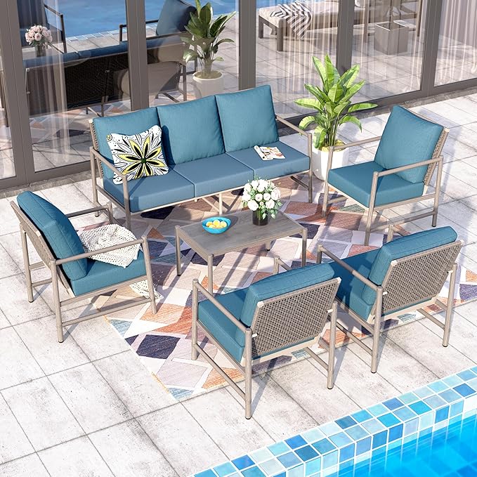 Sophia & William 6-Piece Outdoor Wicker Patio Conversation Set, 3-Seat Sofa, 4 Fixed Sofa Chairs, 31" Coffee Table, All-Weather Rattan Patio Furniture for Porch, Poolside